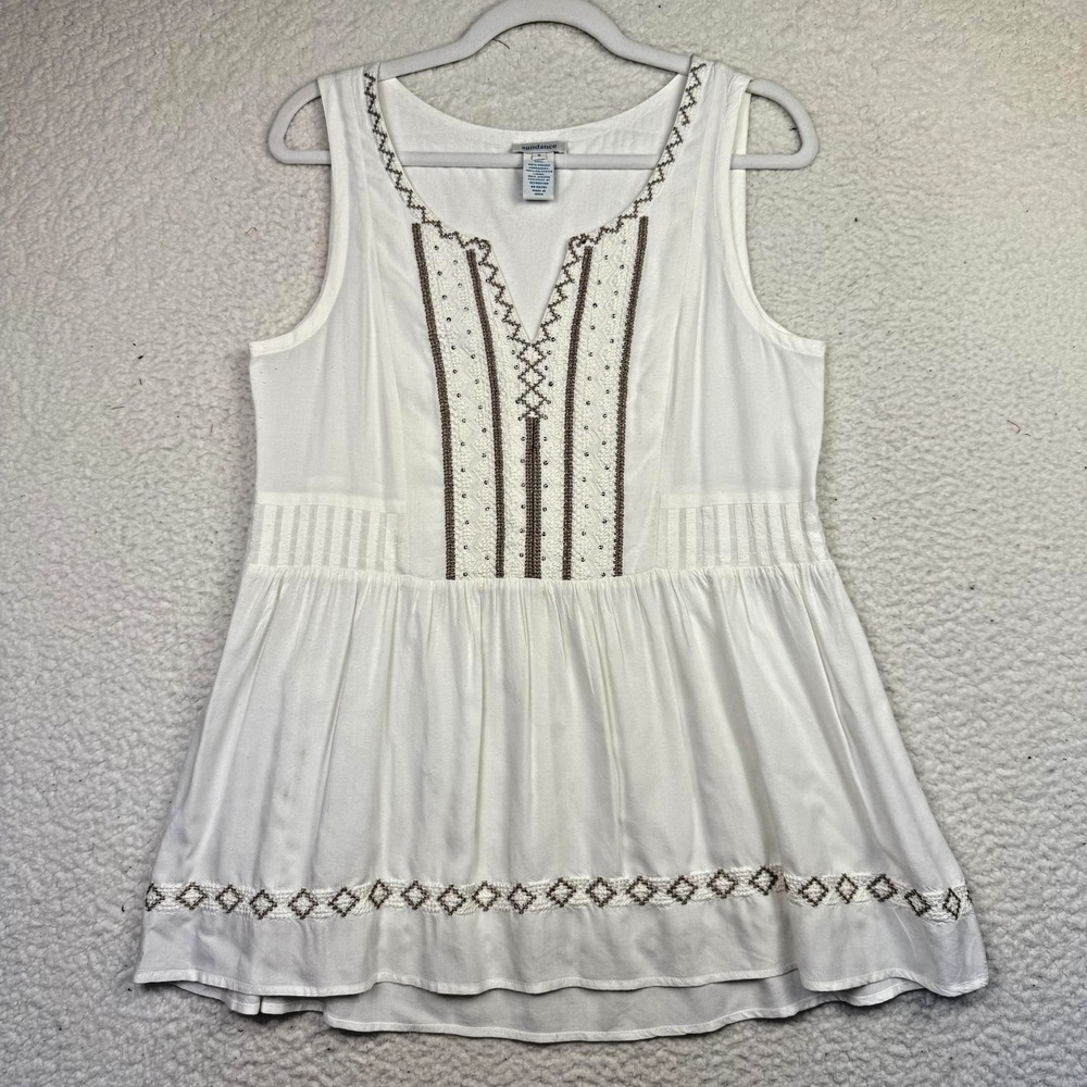 Sundance Tank Top Womens Small White Boho Embroidered Tunic Sleeveless Flowy